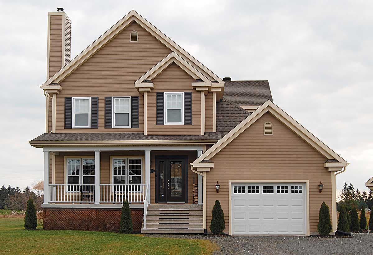 House plan exterior featuring a two-story design with a prominent gabled roof, front porch, and attached garage.