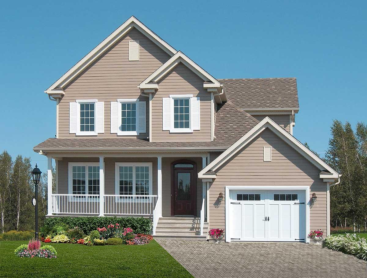 House plan exterior of a two-story home with a covered front porch, gabled dormers, and an attached two-car garage.