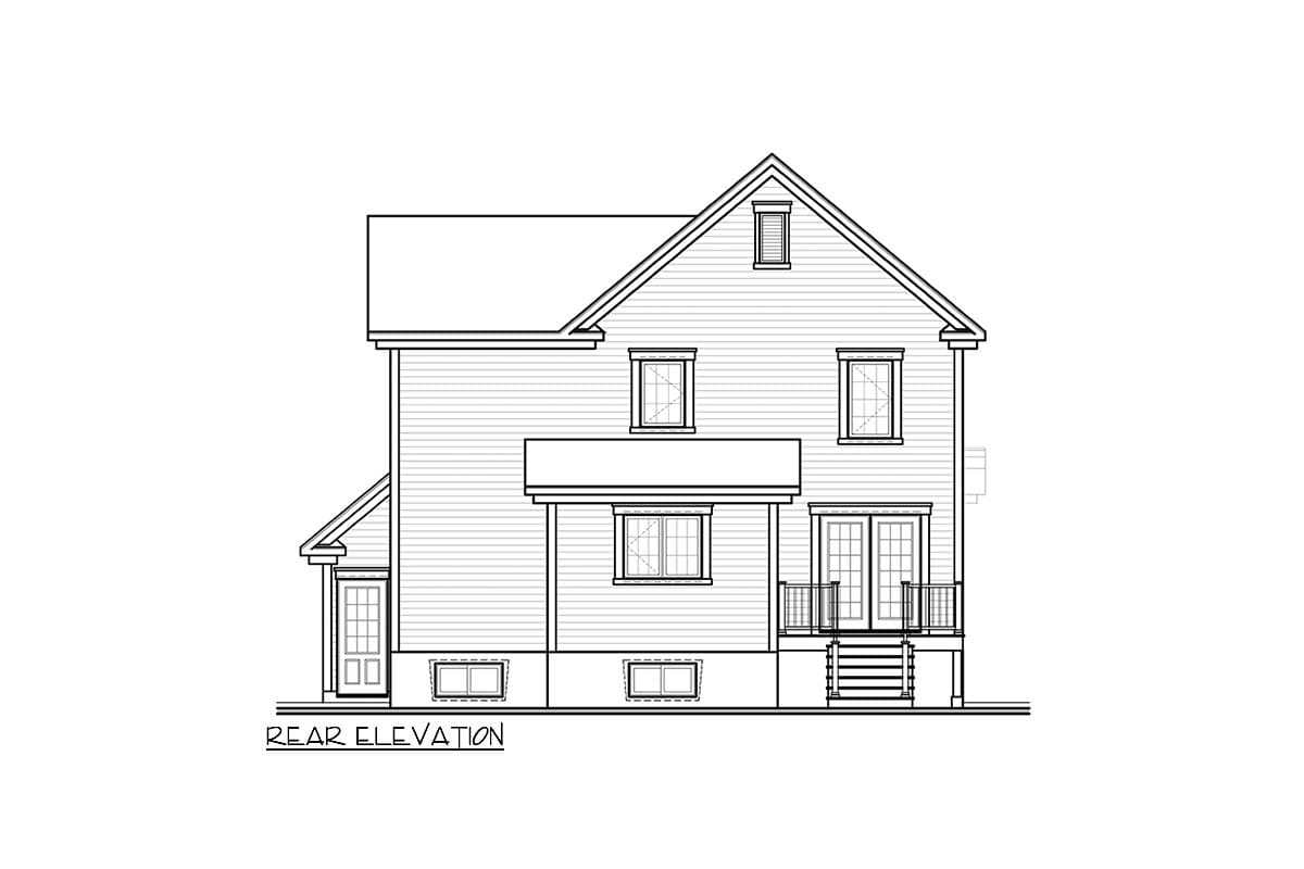 Rear elevation of a two-story house plan with a pitched roof, dormer, and double doors with balconies.