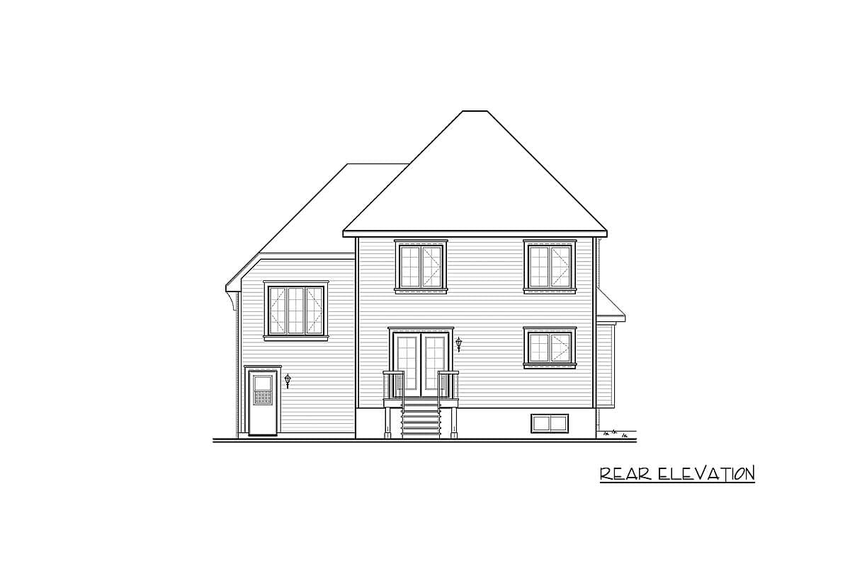 Rear elevation drawing of a two-story house plan featuring double doors, multiple windows, and a gabled roof.