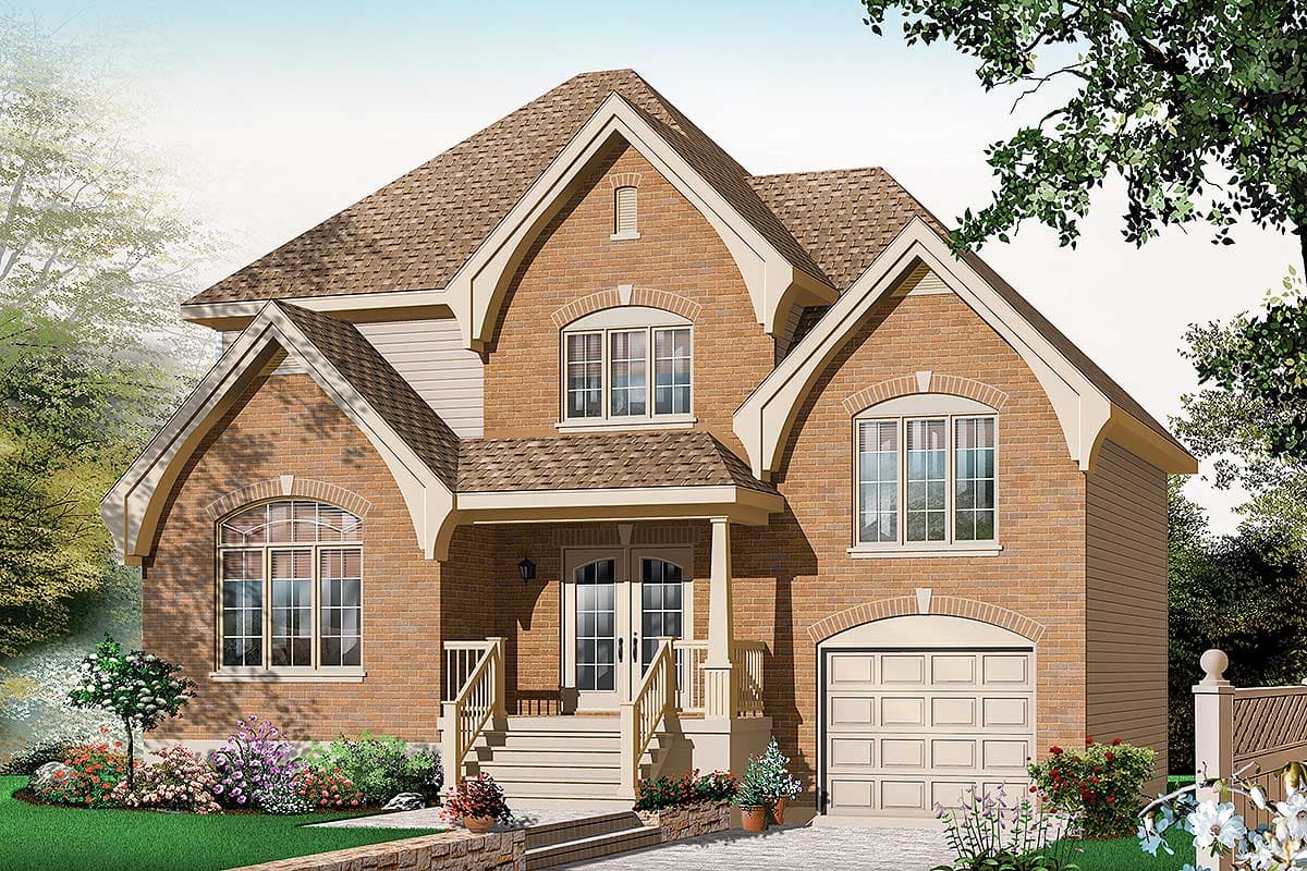 House plan exterior: Two-story brick home with gabled dormers, arched windows, covered porch, and attached garage.