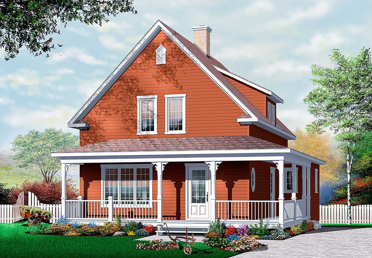 House plan exterior: Two-story home with a wraparound porch, gables, dormer, and prominent chimney.