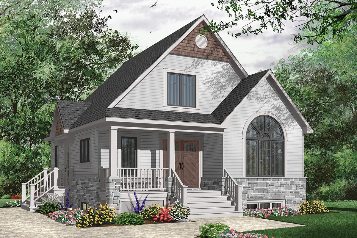 House plan exterior with Craftsman style. Features include a front porch, gables, and a stone facade. The house is two stories.