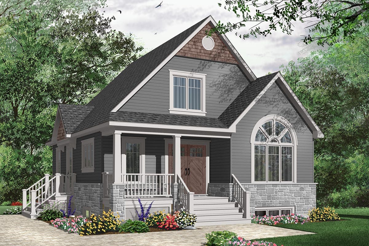 House plan exterior of a two-story home with a front porch, stone foundation, gables, and arched window.