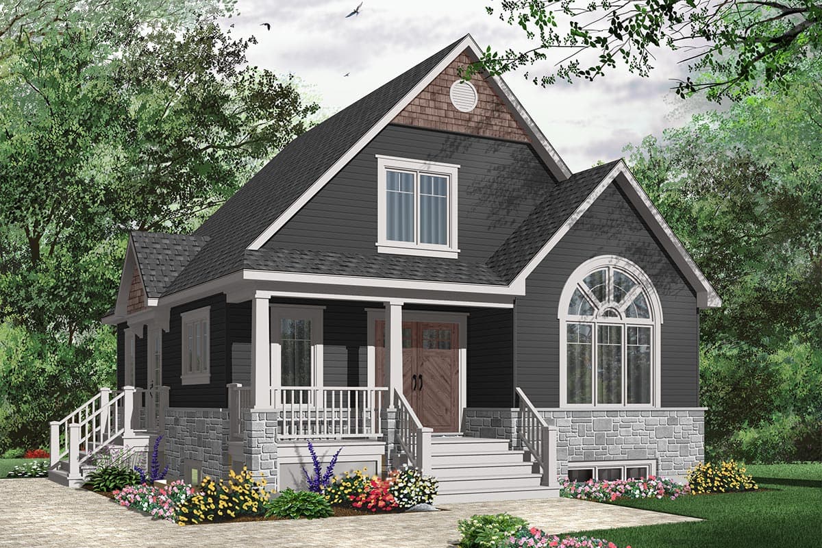 House plan exterior: Two-story, dark siding, stone foundation, covered porch with square columns, and arched window.