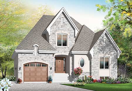 House plan exterior: Two-story stone house with arched garage, prominent gables, and oval dormer.