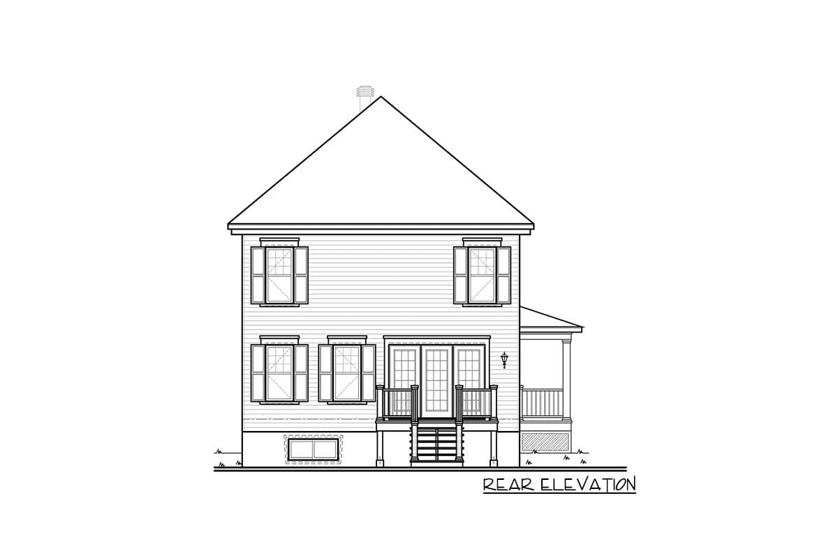 Rear elevation drawing of a two-story house plan, showing double doors, stairs, a porch, and multiple windows.