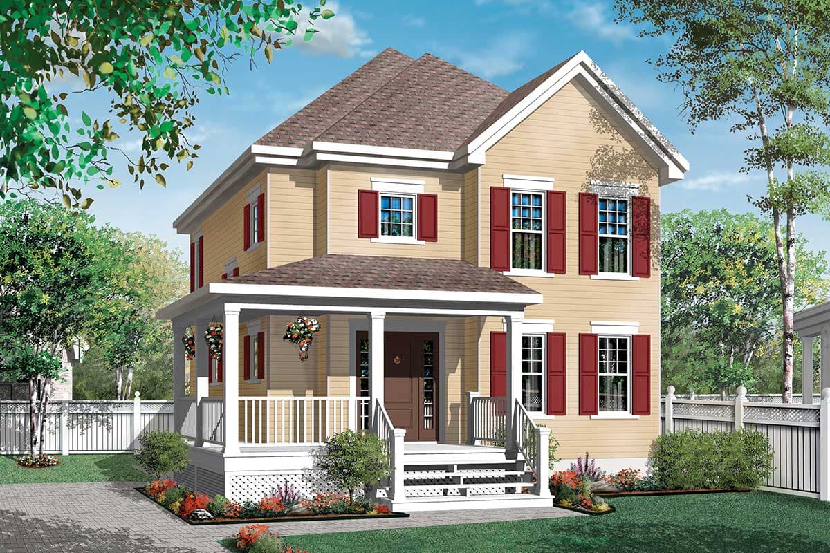 House plan exterior: Two-story house with a covered front porch, gabled roof, and red shutters.