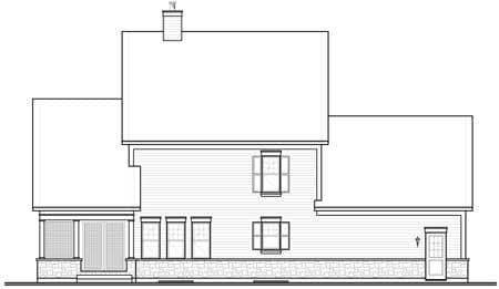 House plan exterior drawing showing a two-story structure with a covered porch, multiple windows, stone foundation, and chimney.