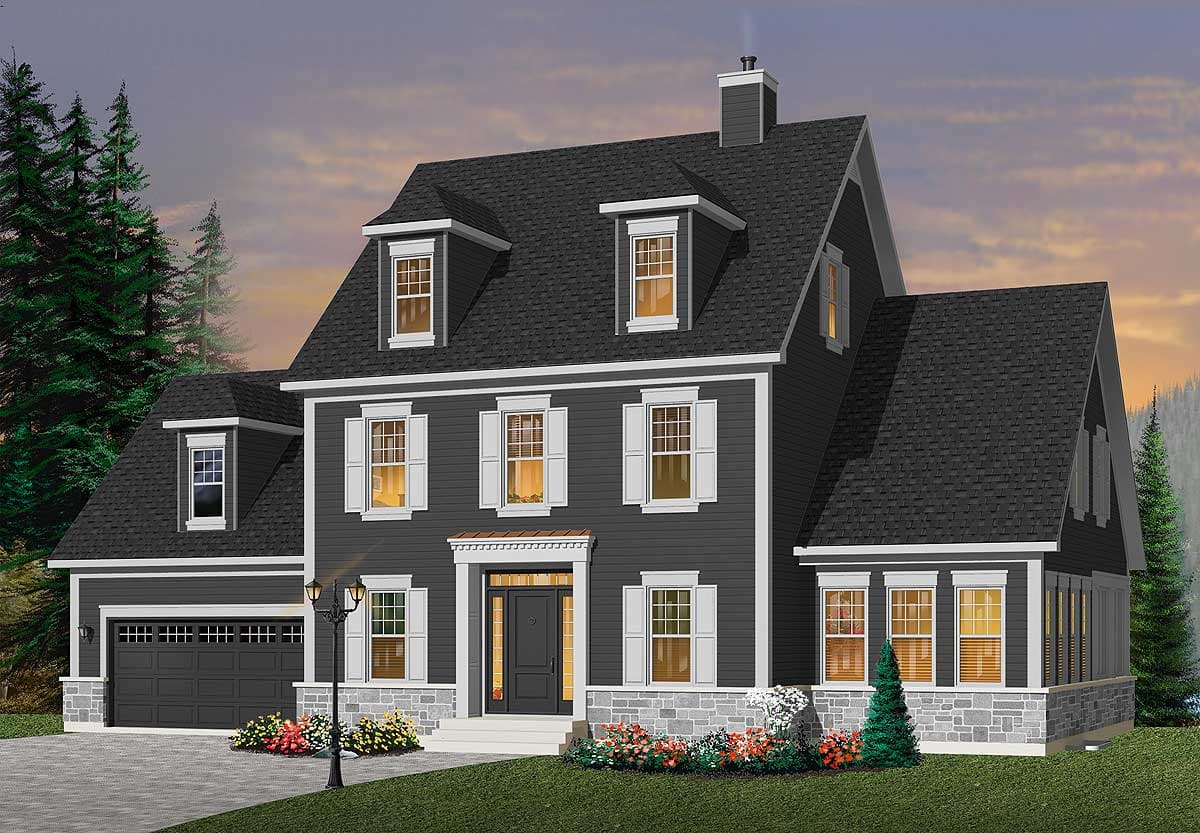 House plan exterior: Two-story home with mansard roof, dormers, attached garage, and stone foundation.