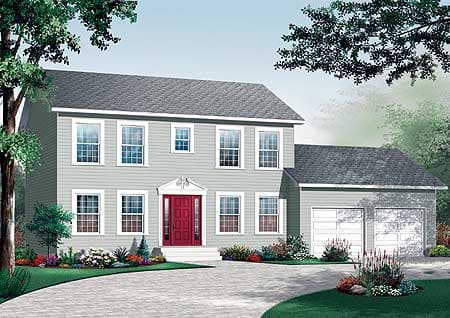 Two-story house plan exterior with gray siding, a red front door, a peaked entry portico, and an attached two-car garage.