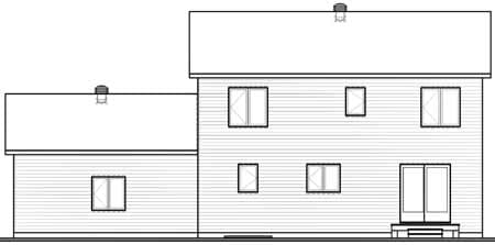 House plan elevation drawing showing a two-story main section with a single-story attached section, multiple windows, and sliding glass doors.