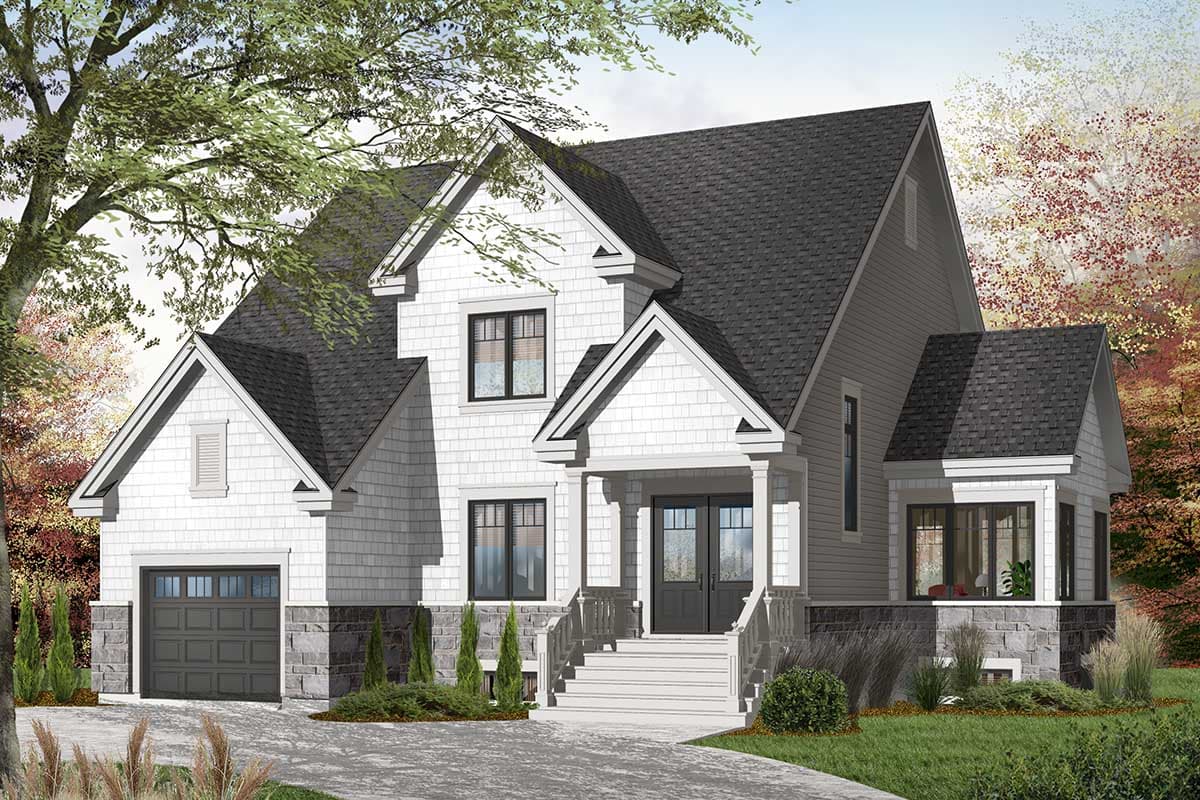 House plan exterior featuring a two-story Modern Farmhouse style with a prominent front gable, covered porch, and stone foundation.