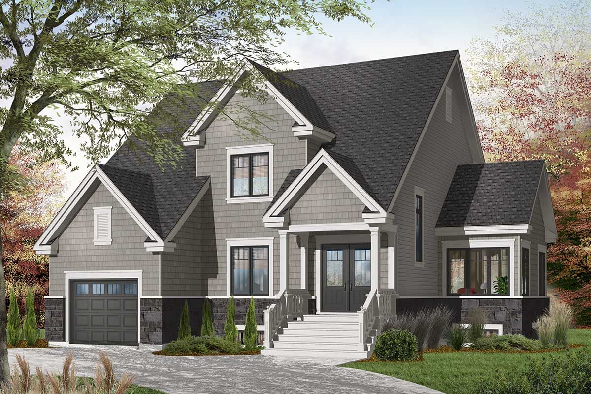 House plan exterior: Two-story Modern Farmhouse with side-entry garage, prominent gables, stone skirting, and covered front porch.