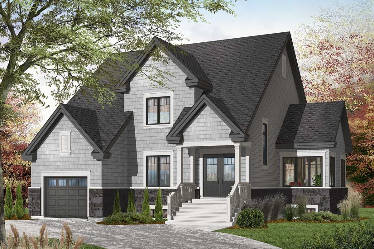 House plan exterior: two-story Modern Farmhouse with gabled dormers, covered front porch with double doors, and attached garage.