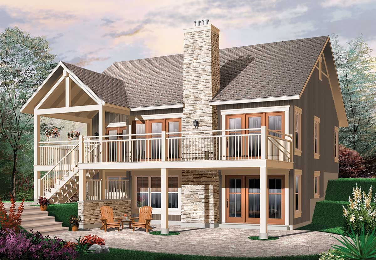 House plan exterior: two-story home with stone chimney, covered porch, and deck. Modern Farmhouse style.
