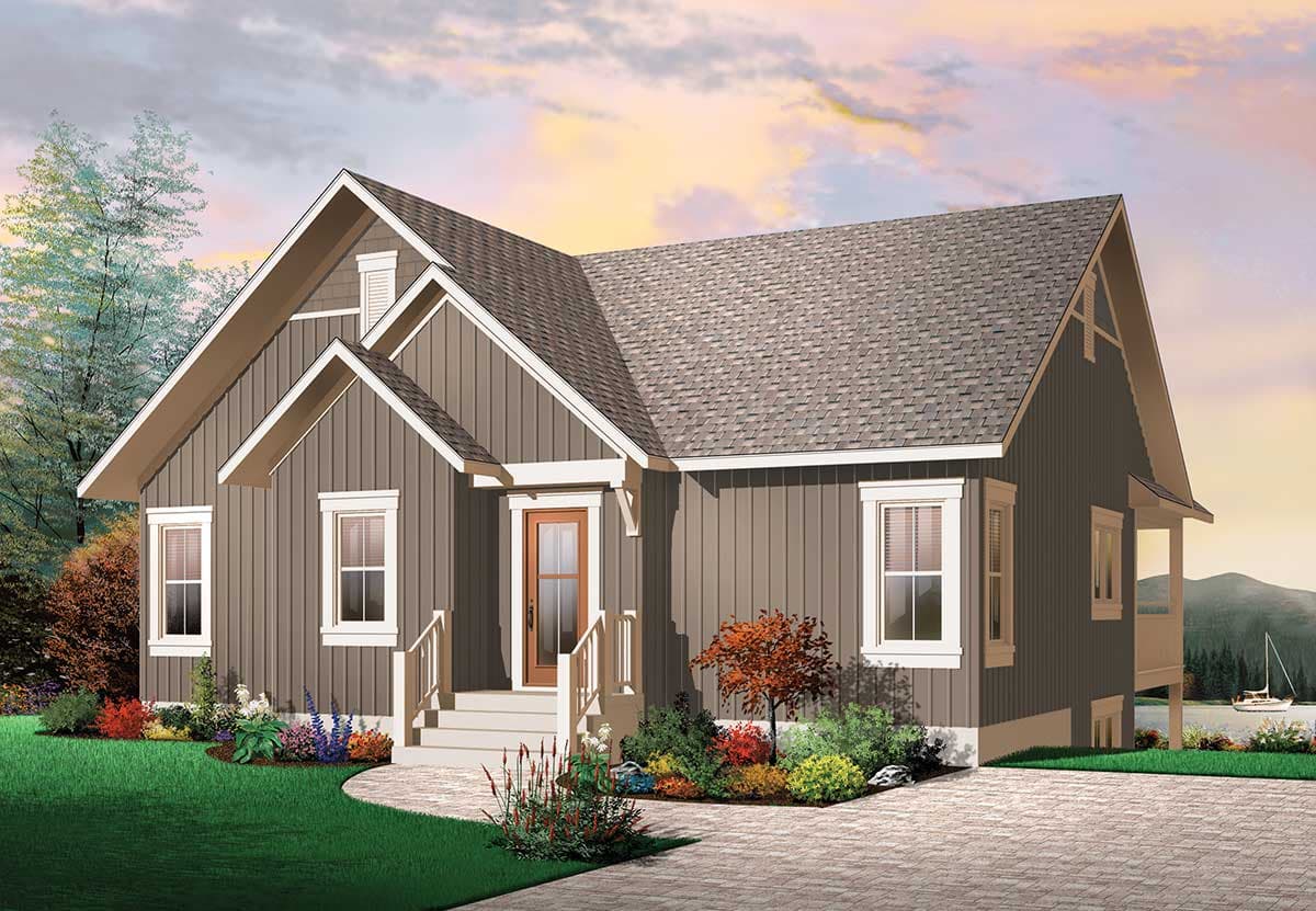 House plan exterior: one-story Modern Farmhouse with gabled roof, vertical siding, and front porch.