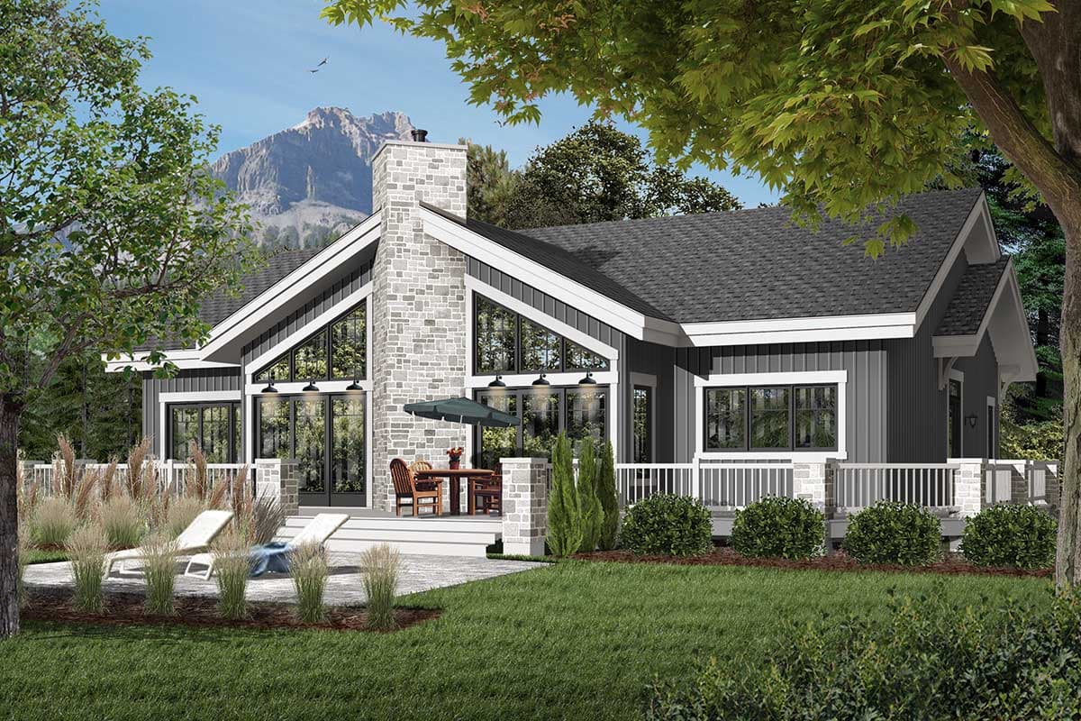 House plan exterior: Modern style, one-story, with prominent gable roof, stone chimney, and large triangular windows.