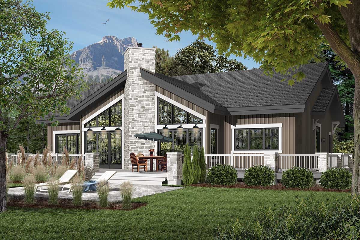 Modern house plan exterior featuring a prominent stone chimney, vaulted rooflines, and large gable windows.