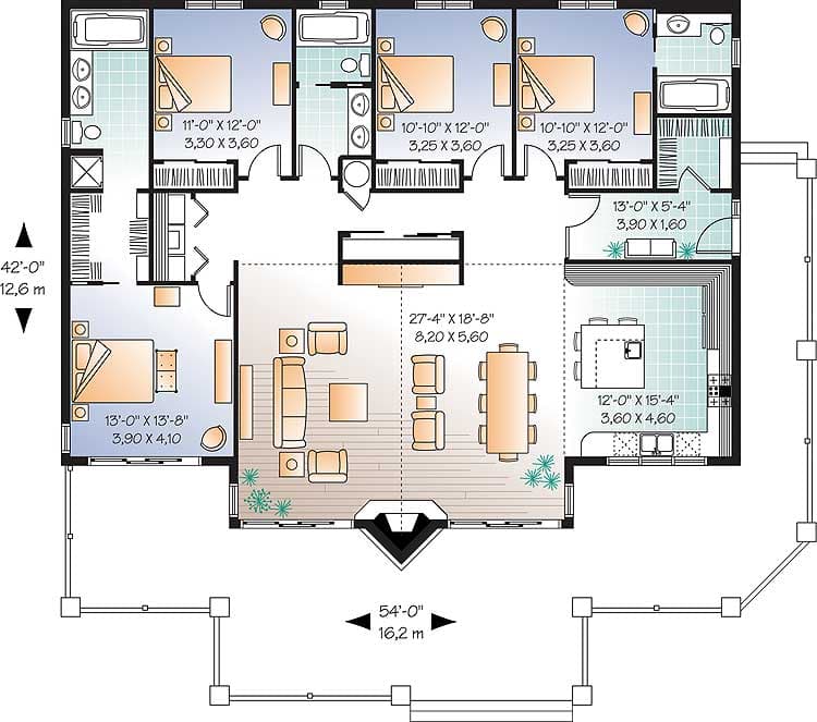 Plan 21747DR: Four Bedroom Vacation Home Plan - Floor Plan - Main Level - Cabin, Country, Mountain, Ranch, Rustic