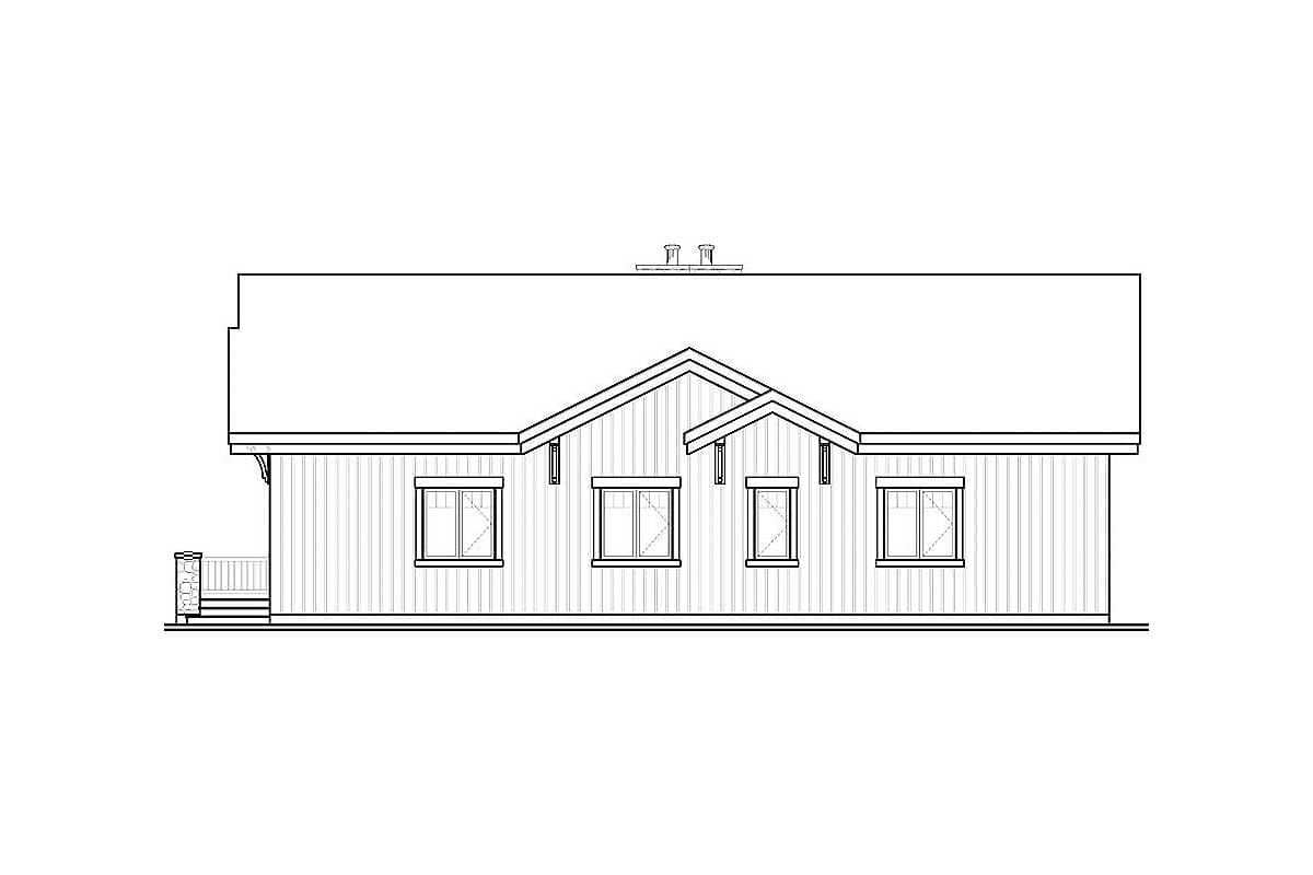 House plan exterior drawing featuring a single-story Ranch style with gables, multiple windows, and a covered porch.
