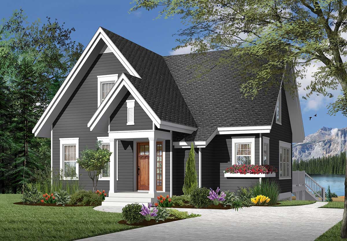 House plan exterior: two-story home with gabled roof, dormers, and covered front porch with white columns.