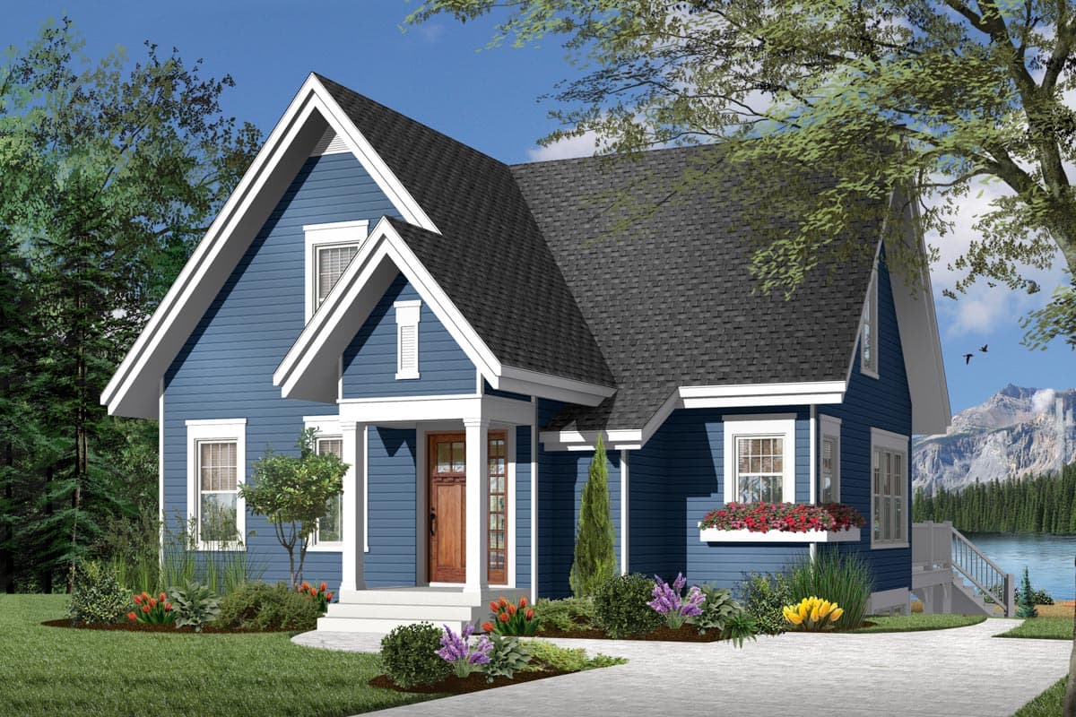 House plan exterior. Two-story Craftsman home with gabled roof, front porch, and dormer. Features include clapboard siding and window flower box.
