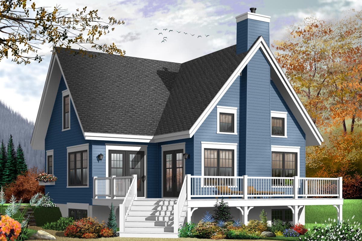 House plan exterior: Blue two-story home with gabled roof, prominent chimney, front porch, and deck.