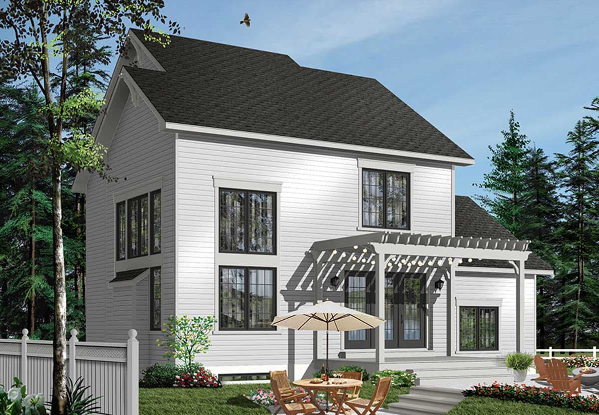 House plan exterior: Two-story modern home with gables, prominent dormer, and covered patio with pergola.
