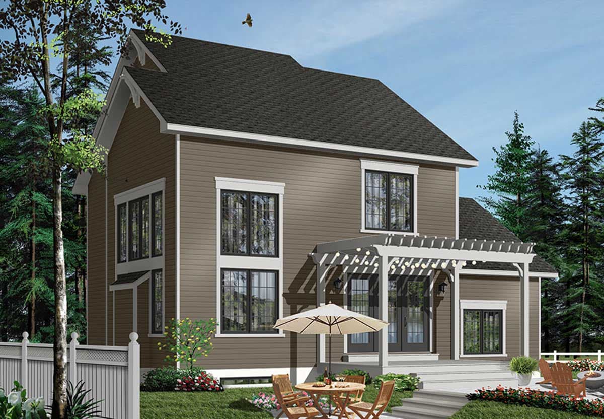 House plan exterior: Two-story home with gables, dormer, and attached pergola over double doors.