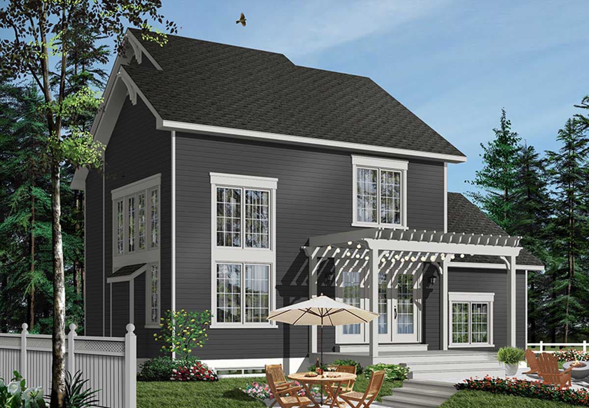 House plan exterior: two-story home with gabled roof, double door entry, and attached pergola.