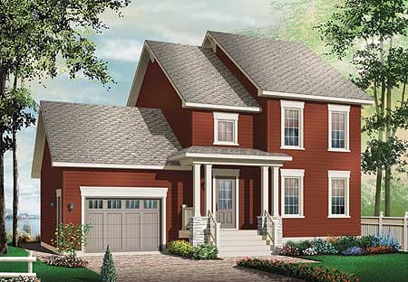 House plan exterior: Two-story home with attached garage, covered front porch with white columns, and prominent gables.