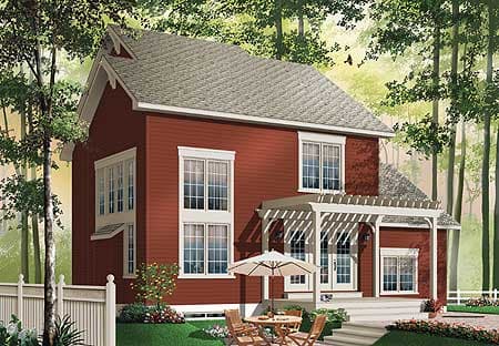 House plan exterior: Two-story home with gable dormer, prominent gable roof, and attached pergola over front entrance.