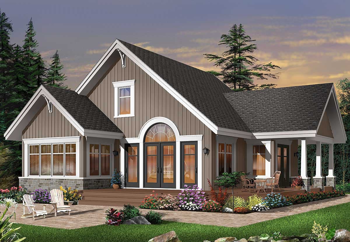 House plan exterior: Single-story Modern Farmhouse with gable accents, covered porch, and arched double doors.