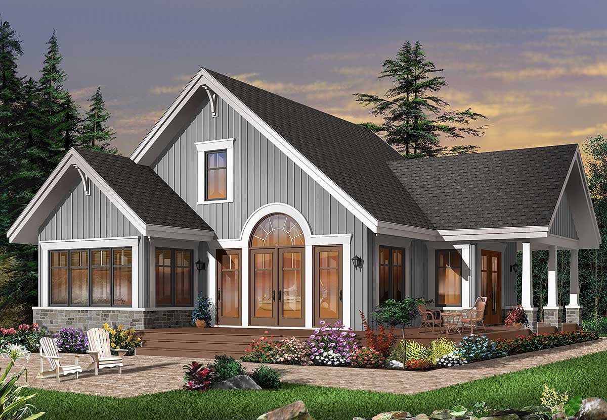 House plan exterior, Gable roofline, siding, stone base, arched entry, and covered porch.