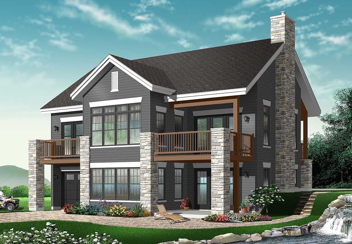 House plan exterior: Two-story modern home with stone accents, upper balcony, gabled dormer, and prominent stone chimney.
