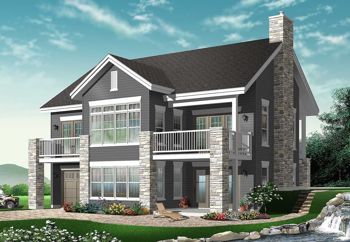House plan exterior featuring a two-story design with stone accents, multiple balconies, and a prominent stone chimney.