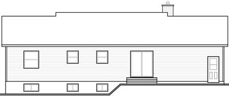 Rear elevation house plan: One-story home with rectangular windows, sliding glass doors, and a single door. Features a chimney.