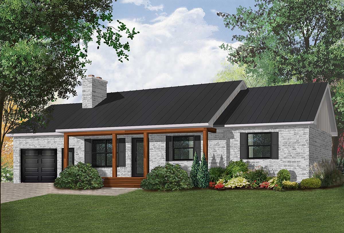Ranch house plan exterior with brick siding, covered porch, and attached garage.