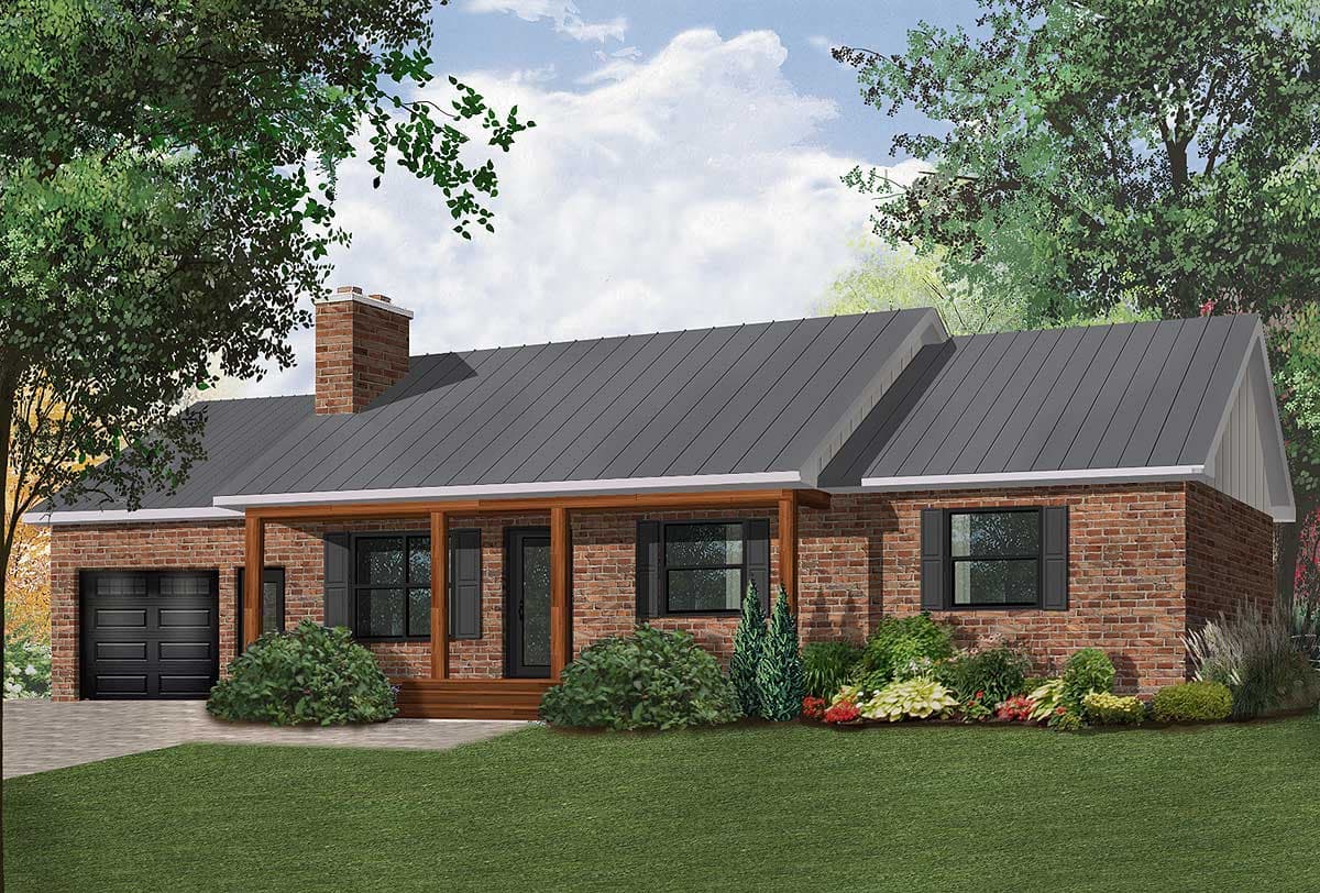 House plan exterior of one-story brick home with hip roof, wood-covered porch, and attached garage.
