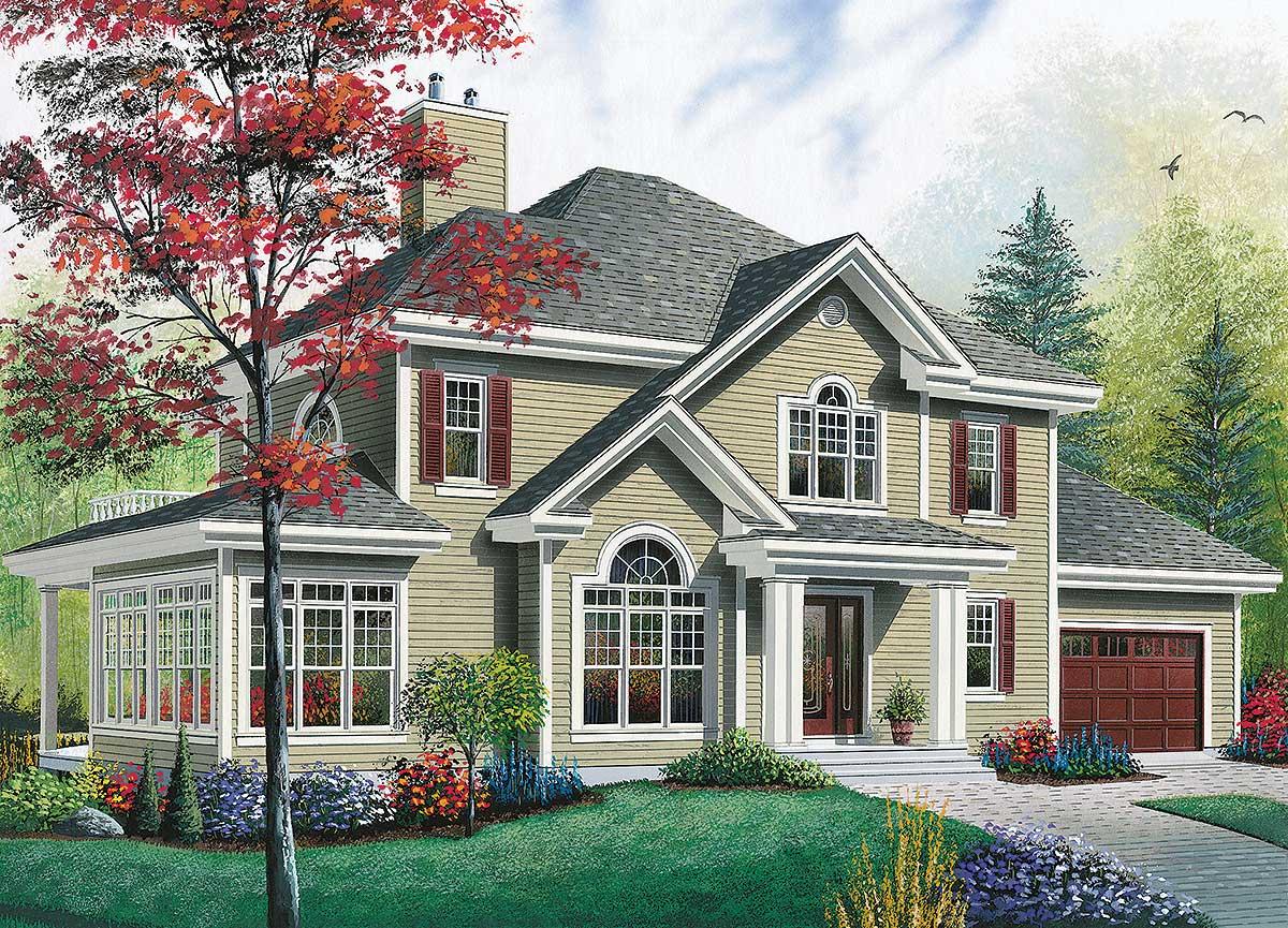 Two-story house plan exterior with arched windows, gabled dormers, a covered entry porch, and attached garage.