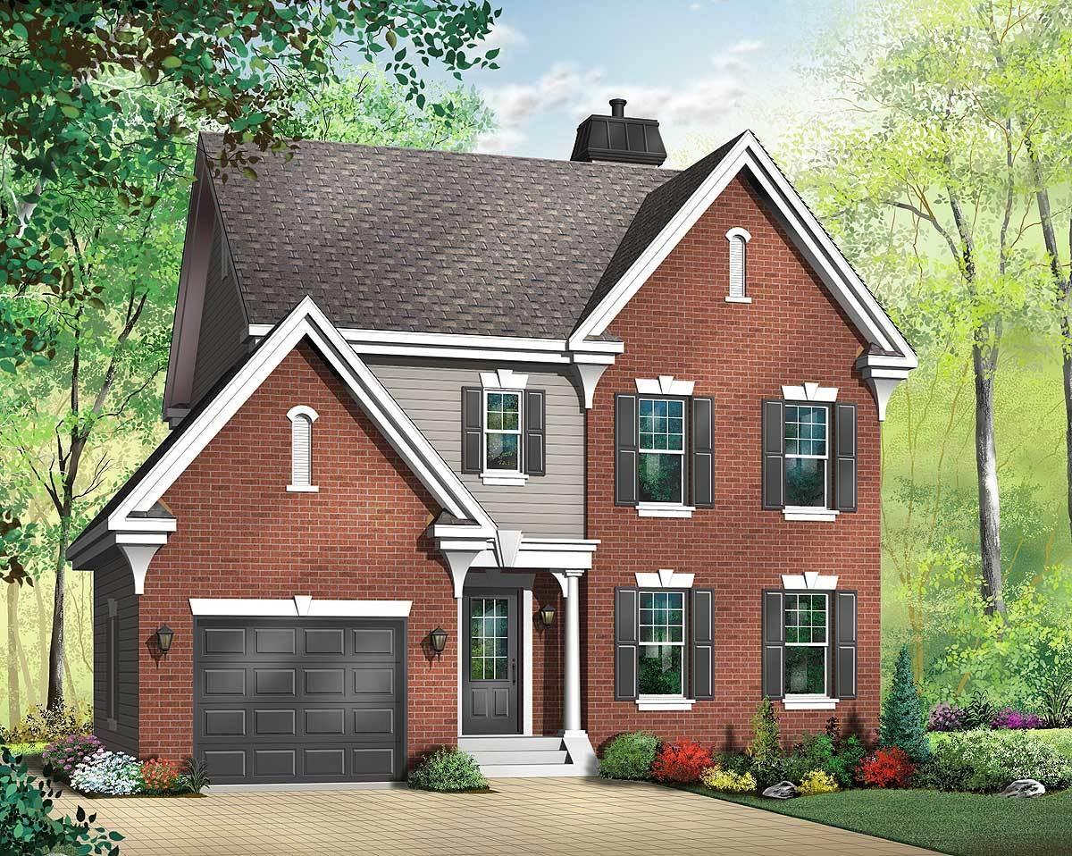 Two-story house plan exterior with brick facade, gabled dormers, covered entry, and attached garage.