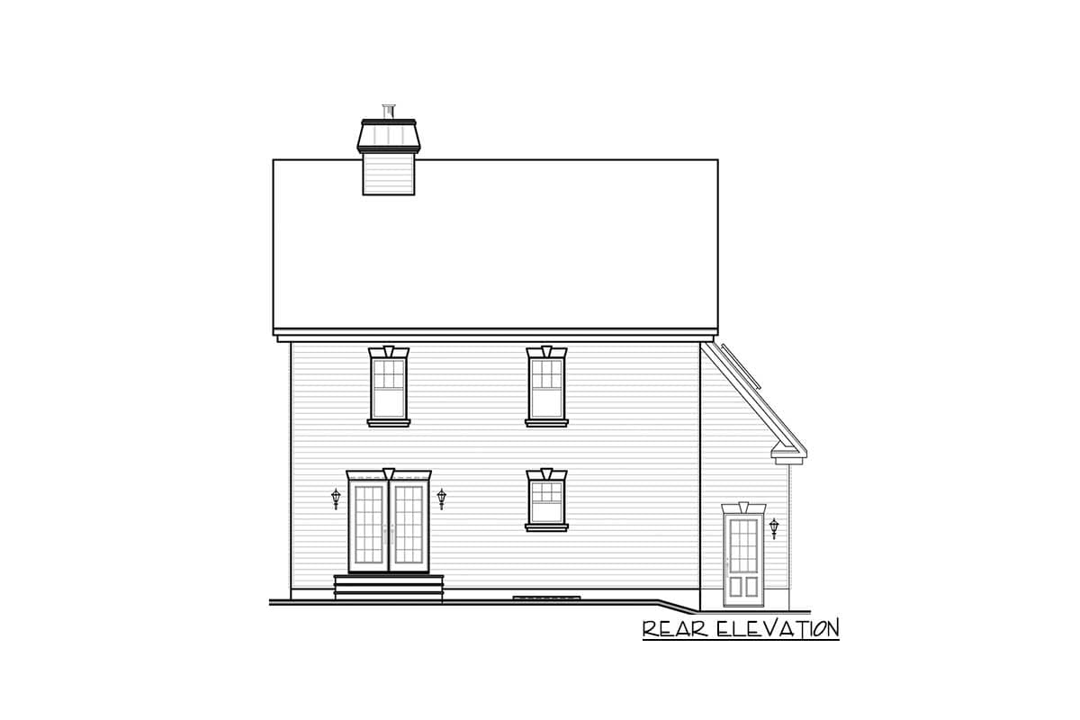 Rear elevation drawing of a two-story house plan with double doors, single door, and dormer window.