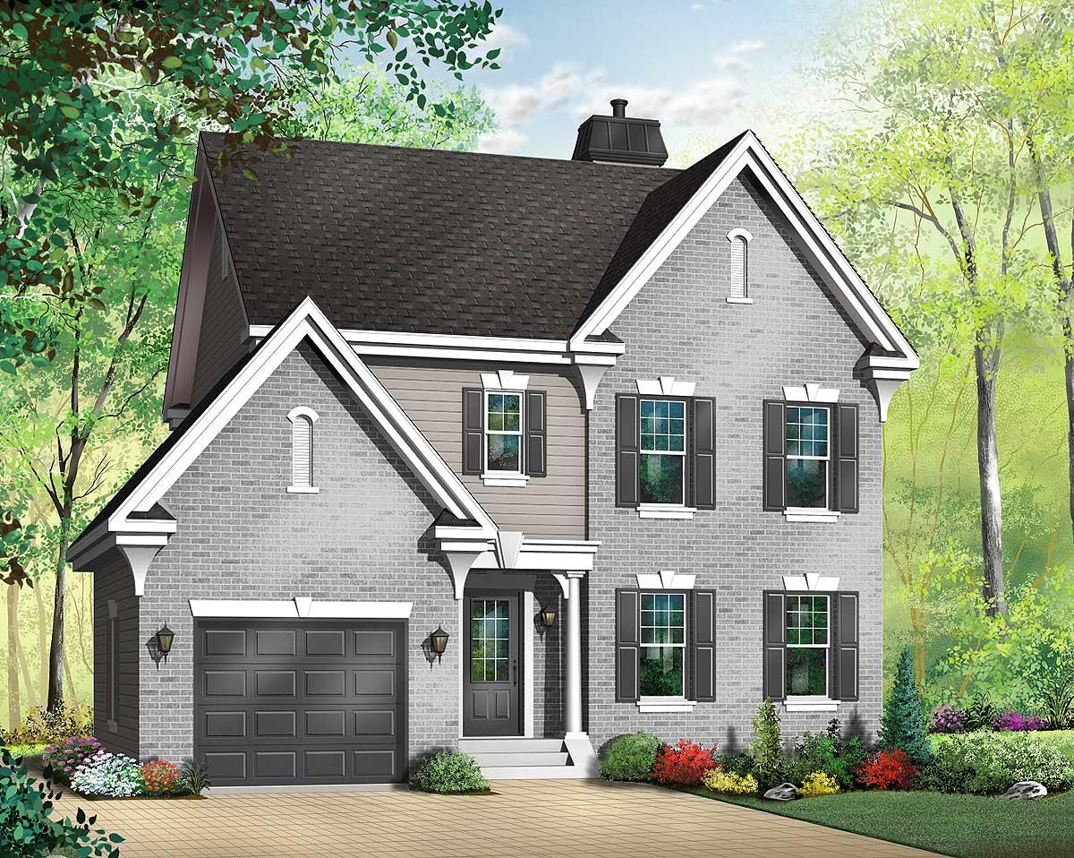 House plan exterior, two stories, brick facade, attached garage, prominent gables, and covered front entry.