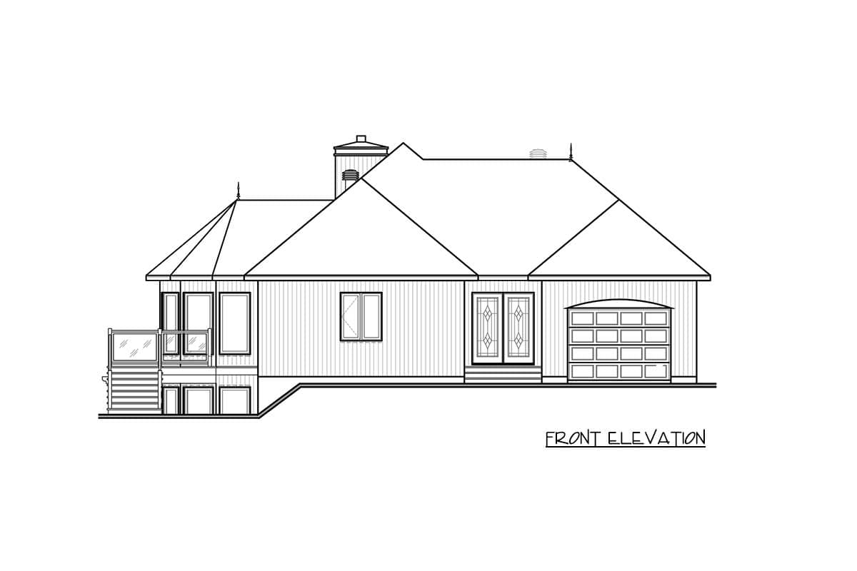 Front elevation drawing of a house plan featuring a covered porch, double doors, single window, and attached garage.