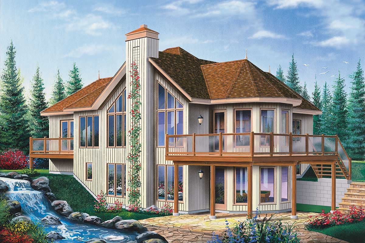 House plan exterior shows a multi-story home with a prominent gable, large windows, and a wrap-around deck.