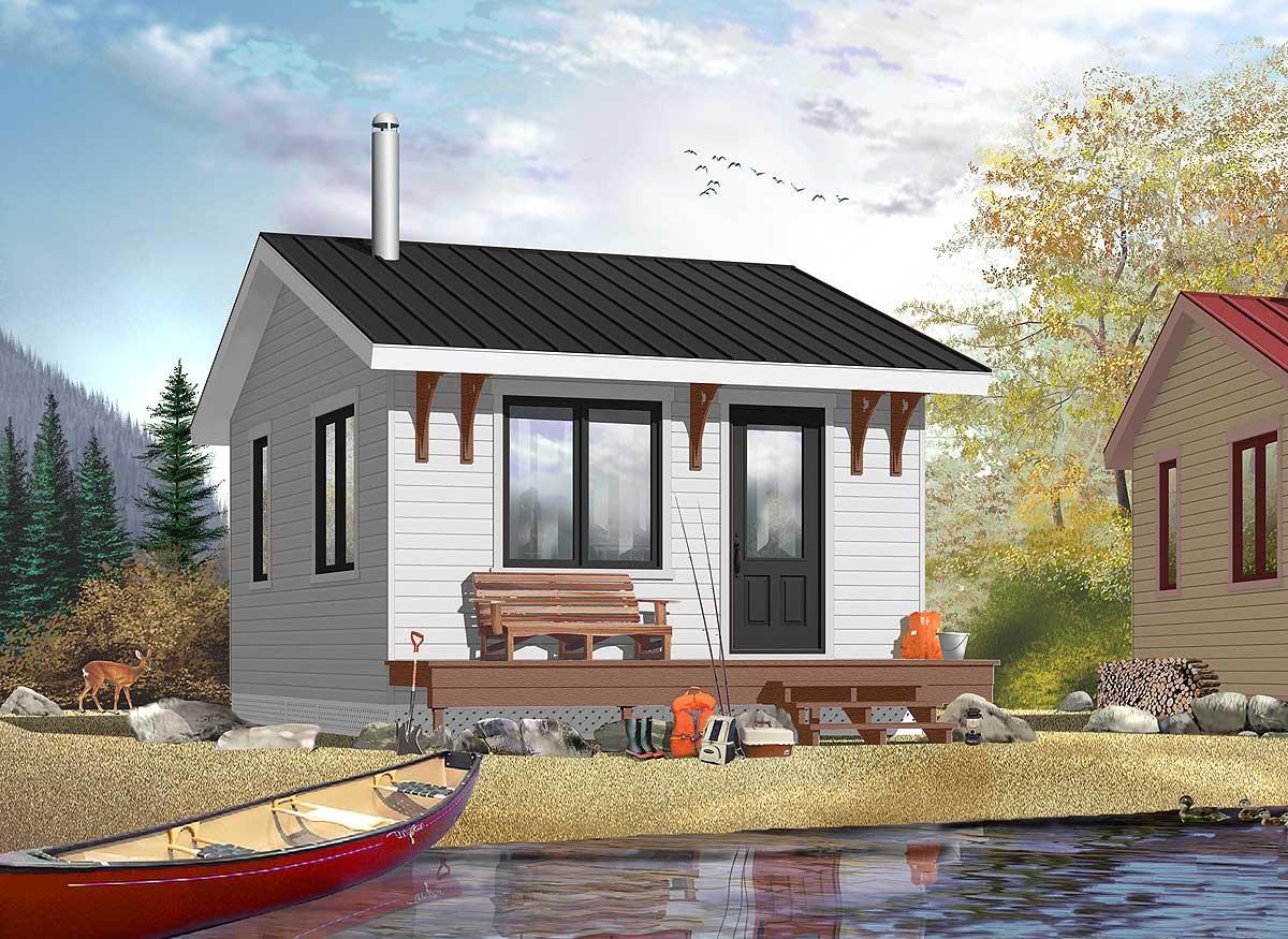 House plan exterior: Small one-story dwelling with a metal roof, front porch, gable dormers, and decorative brackets.