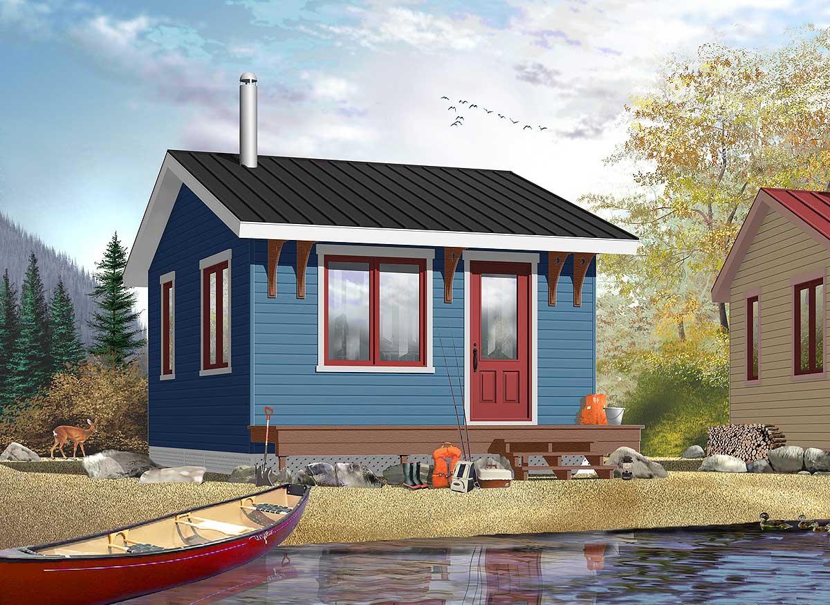 House plan exterior of a small blue cottage with a gabled roof, front porch, and red-trimmed windows and door.