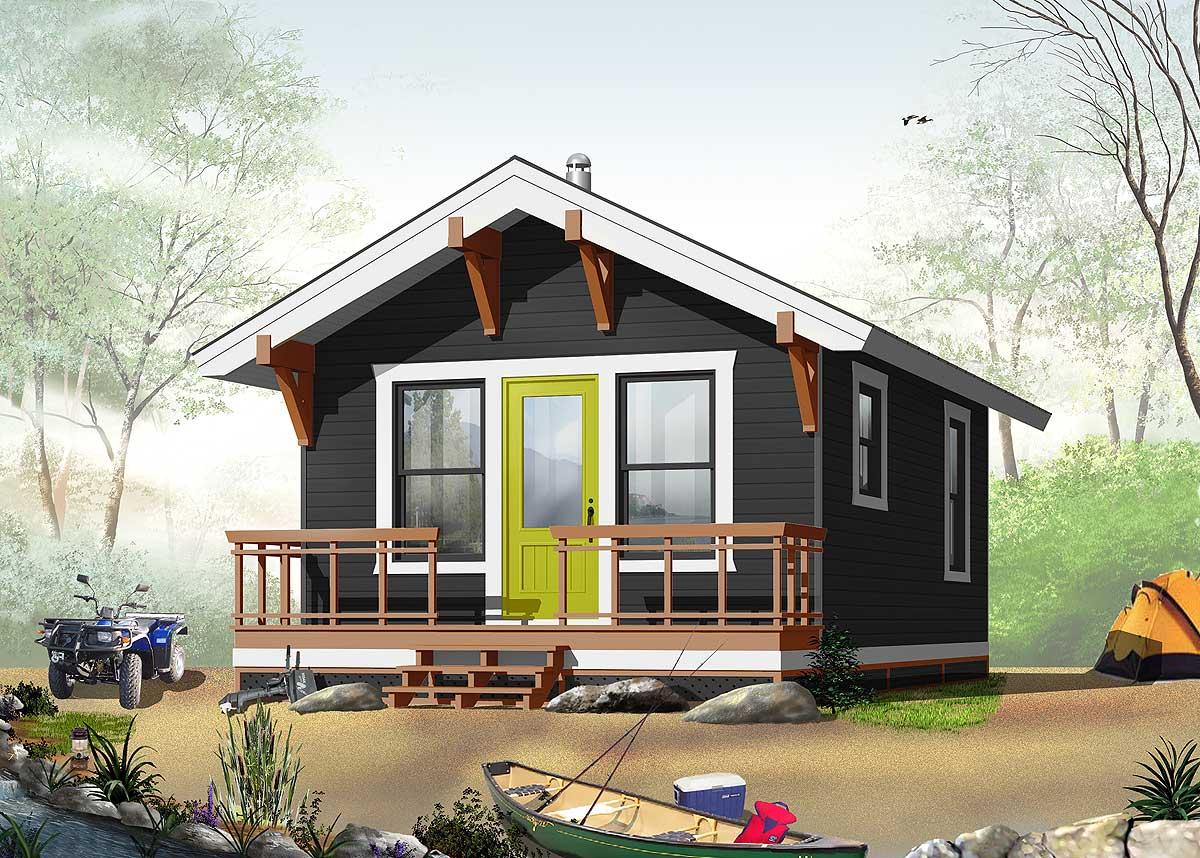 House plan exterior: Small cabin with a gabled roof, exposed rafter tails, a covered front porch, and dark siding.