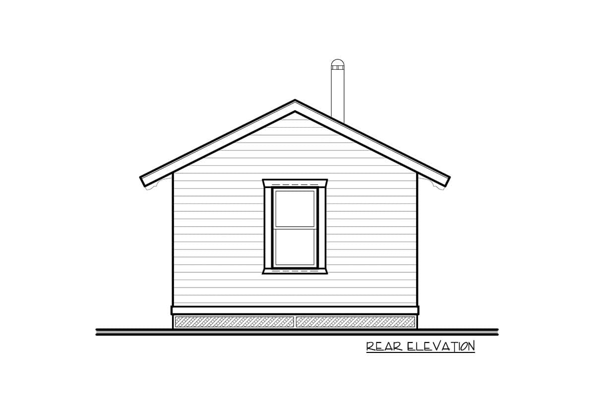 Rear elevation drawing of a small house with a gable roof, centered window, and chimney.